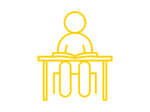 Icon Strichmännchen an Schultisch mit Buch auf dem Tisch